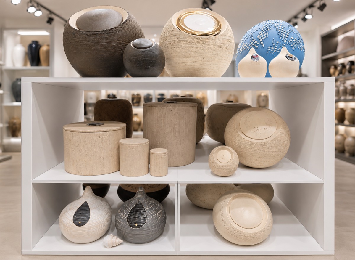 Urnen in verschillende materialen en afwerkingen, opgesteld in de toonzaal